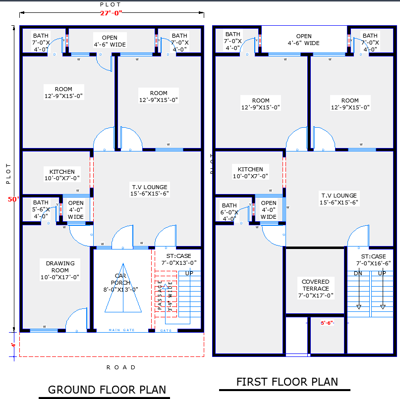 27x50 Two-Story House Design Plan in AutoCAD DWG Format