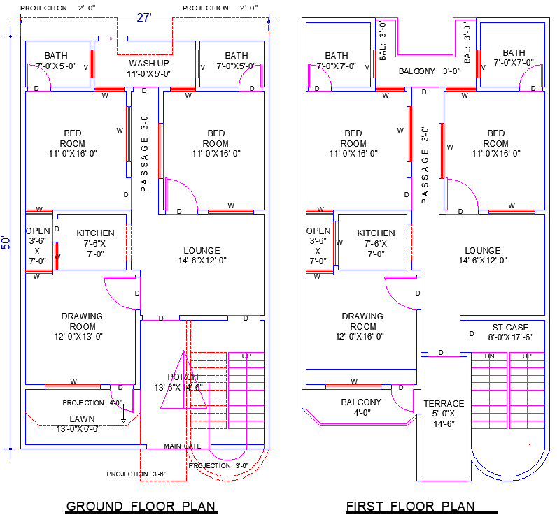 27'x50' House Plan DWG with 4 Bedrooms and 4 Lounges Design