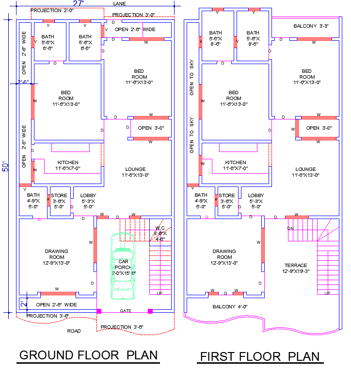 27'x50' House Plan DWG with 4 Bedrooms and 6 Bathrooms