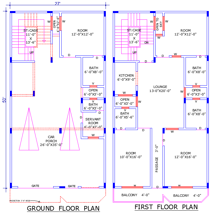 27'x50' House Plan DWG with 4 Bedrooms, 5 Baths & Balcony