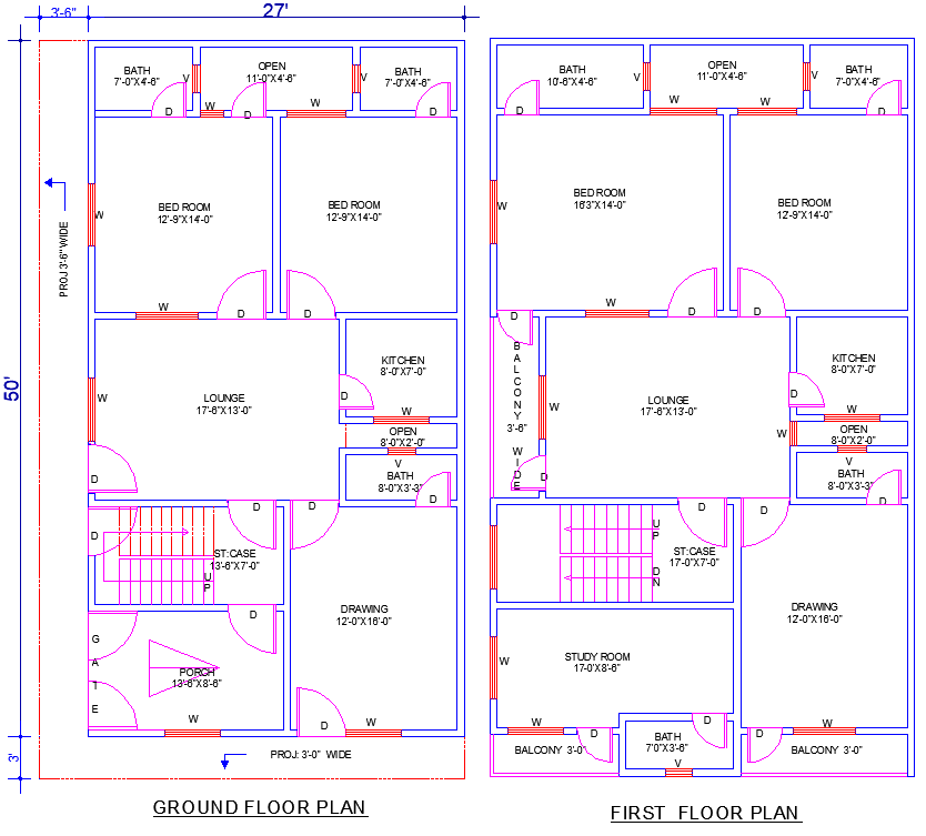 Modern 27'x50' House Plan DWG with 4 Beds and 7 Bathrooms