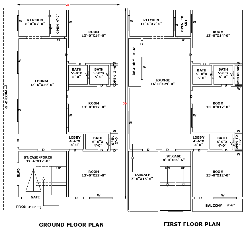 27x50 Residential House Floor Plan in DWG AutoCAD Layout File
