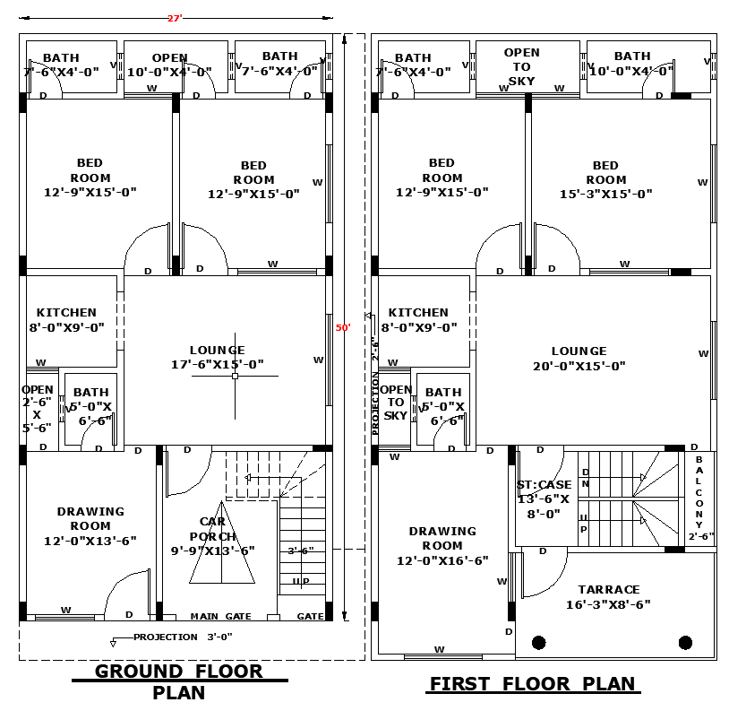 Detailed 27x50 Single-Storey Residential House Layout in DWG Format