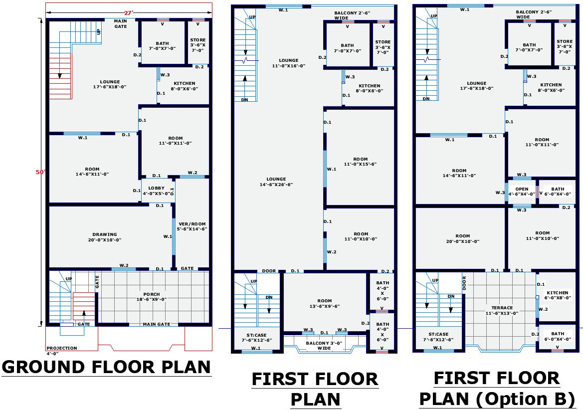 27x50 Residential House Plan DWG with Ground and First Floor