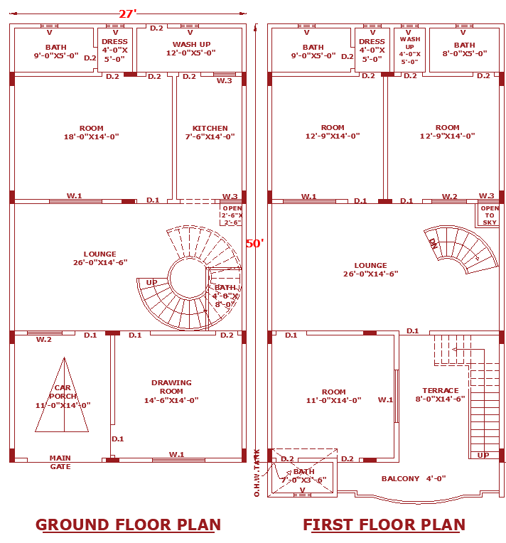 27x50 Single Storey House AutoCAD Layout Plan for Residential Design