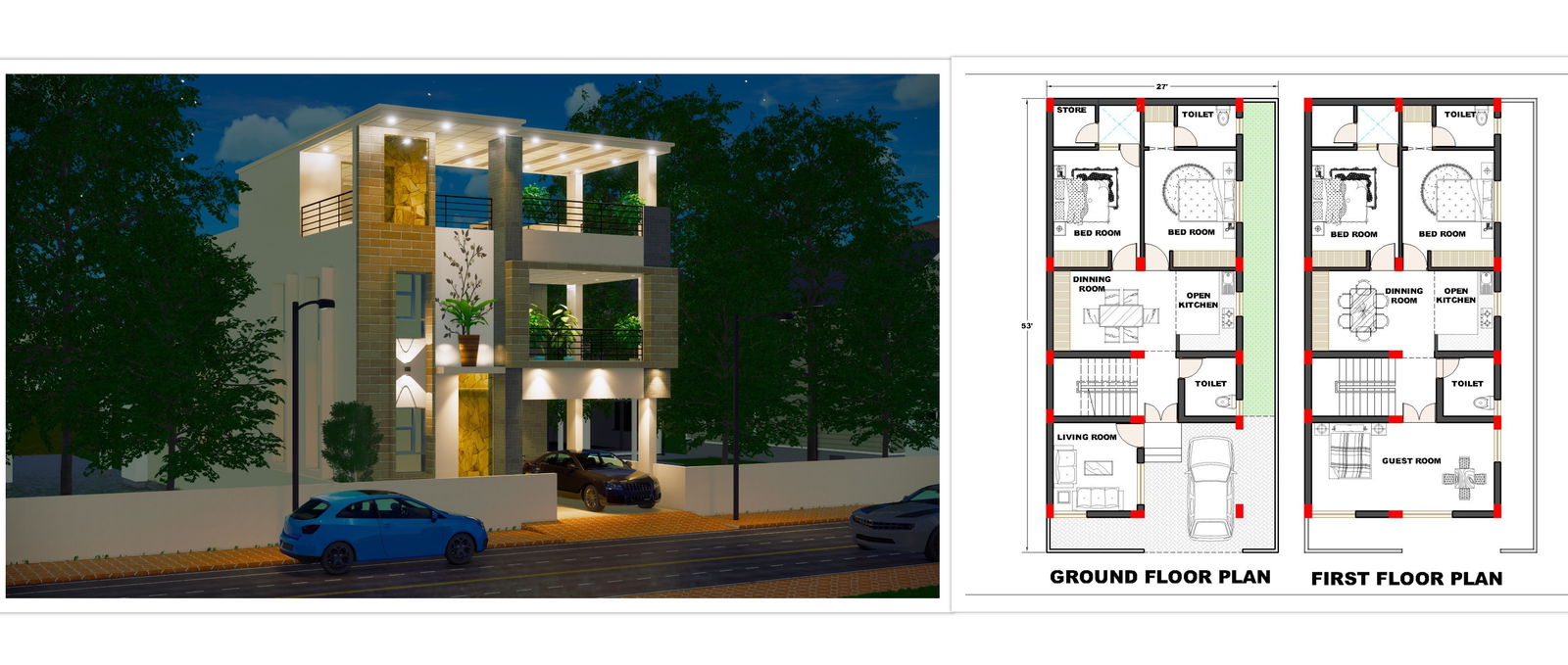 27’x53’ Duplex home interior plan with amazing 3d Elevation. Download the free Revit and Autocad drawing file.