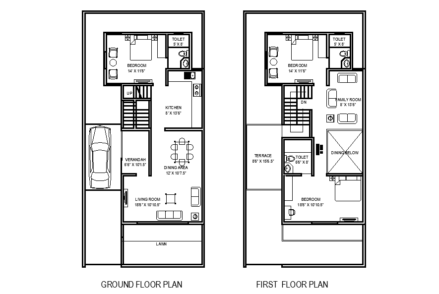 27’x58’ row house plan is given in this Autocad drawing file.Download now.