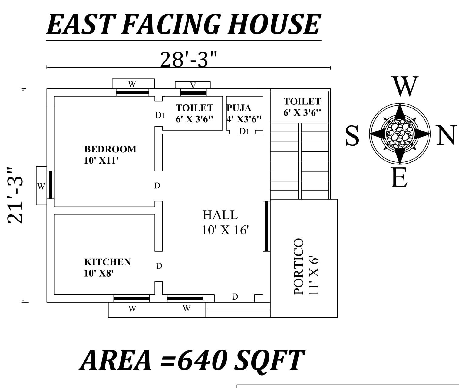 28'3" X21'3" East Facing SIngle BHk House Plan As Per Vasthu Shastra,Autocad DWG file Details.