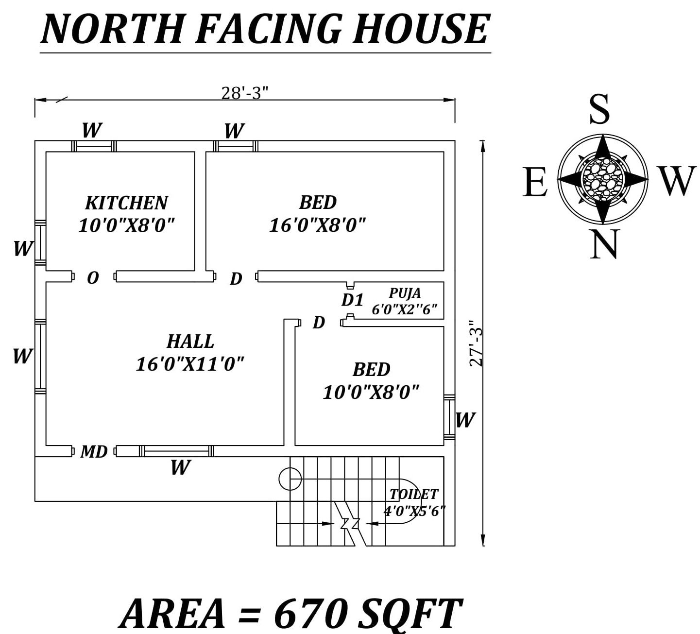 28'3" X 27'3" 2 BHK Splendid North-facing House Plan As Per Vastu Shastra, Autocad DWG file Details.