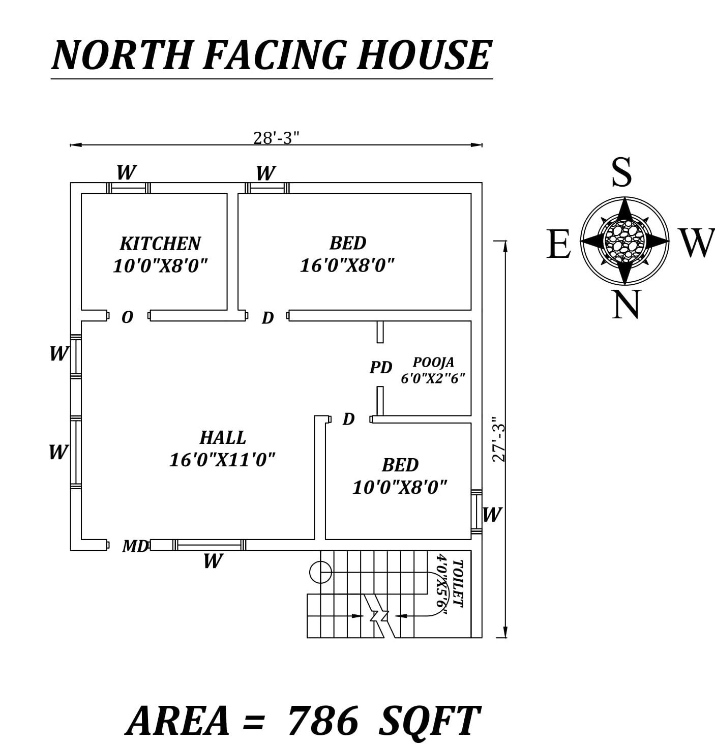 28'3" X 27'3" 2 BHK North-facing House Plan As Per Vastu Shastra,Autocad DWG and PDF file Details