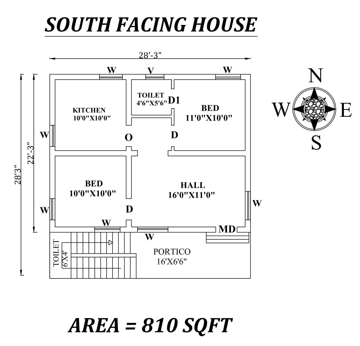 28'3"x28'3" 2bhk Awesome South facing House Plan As Per Vastu Shastra. Autocad DWG and Pdf file details.