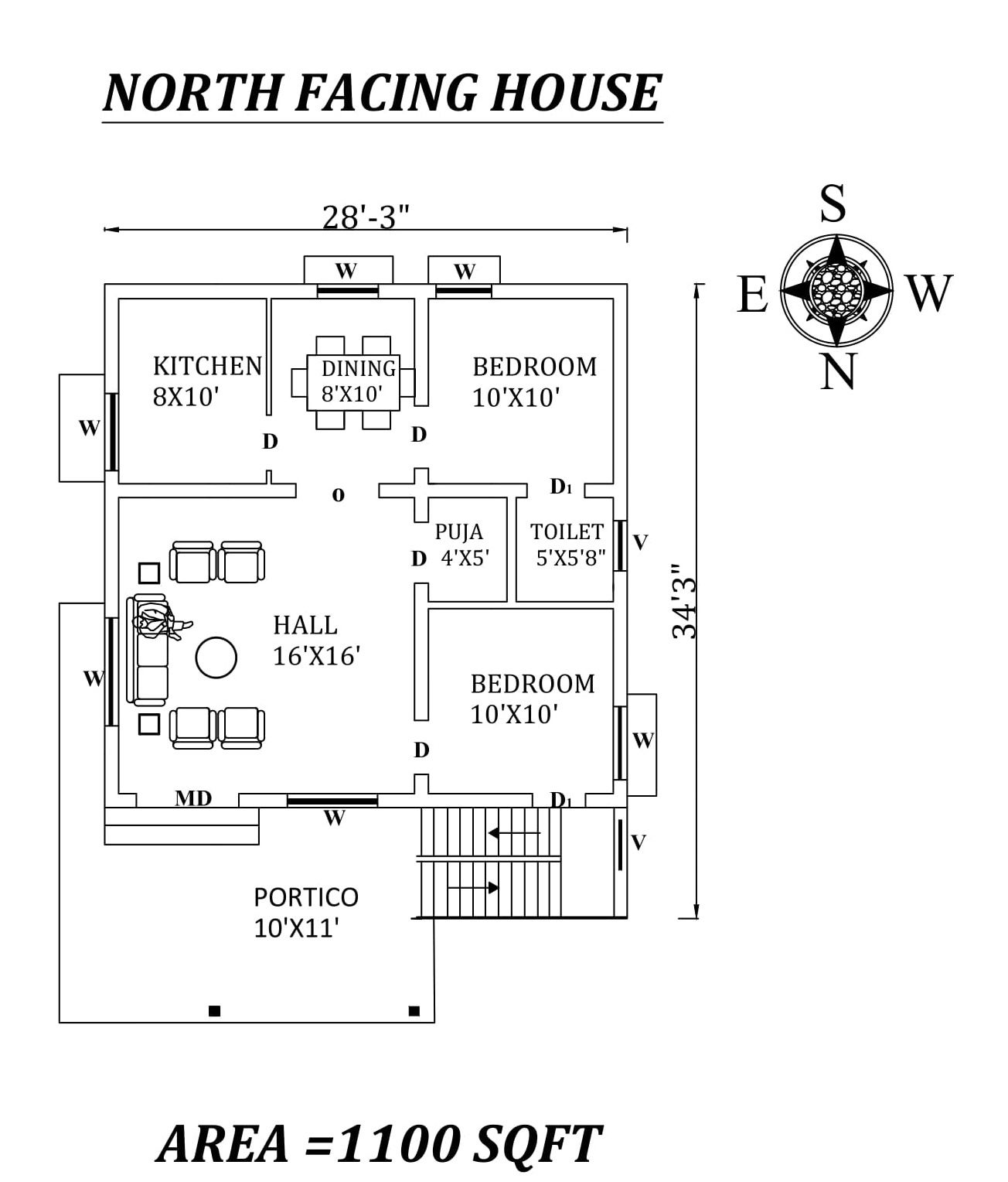 28'3"x34'3" superb North facing 2bhk house plan as per Vastu ShastraAutocad DWG and Pdf file details..