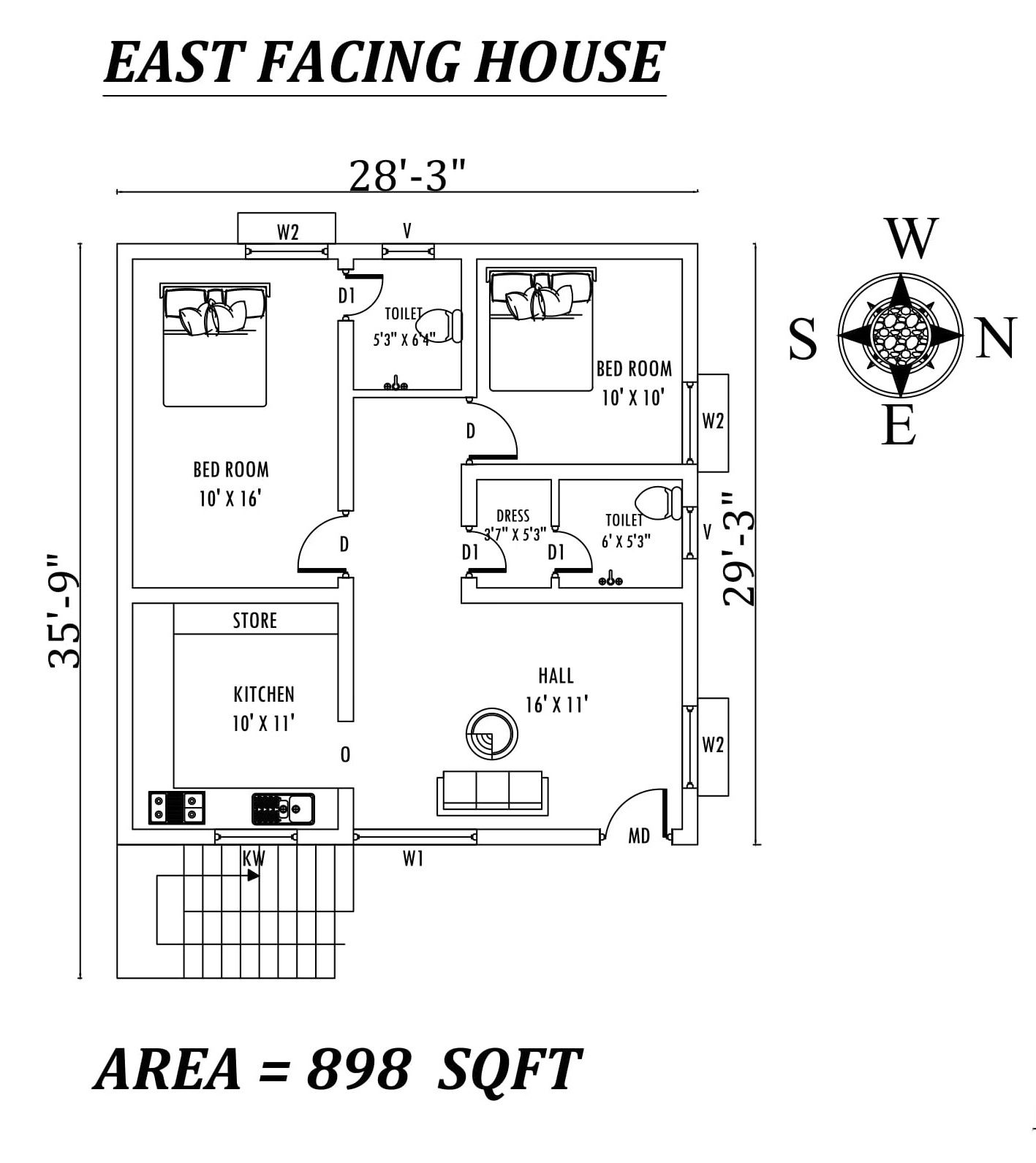 28'3"x35'9" The Perfect 2bhk East facing House Plan As Per Vastu Shastra.Autocad DWG and Pdf file details