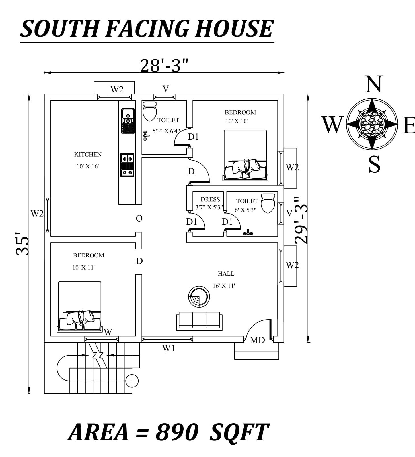 28'3"x35' Splendid south-facing 2BHK house plan as per vastu Shastra, Autocad DWG file details