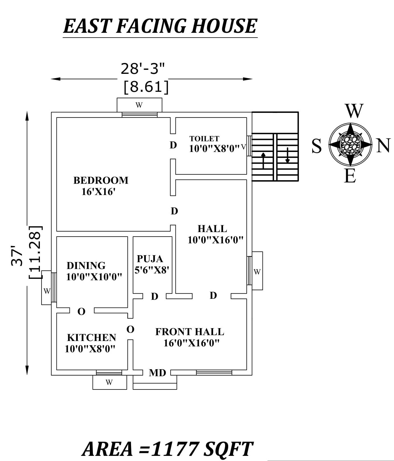 28'3"x37' Single bhk East facing House Plan As Per Vastu Shastra. Autocad DWG and Pdf file details.