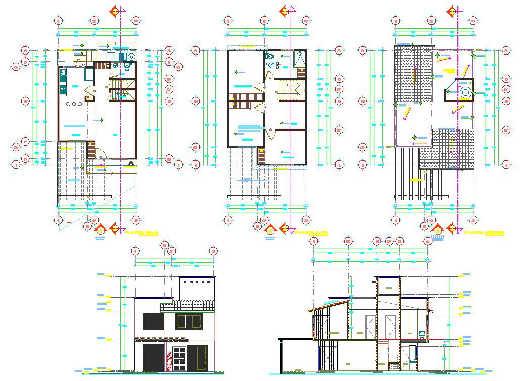 House Complete 2D CAD Drawing with Centerline Plans and Elevations