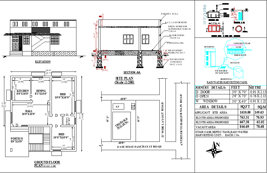 28'9"X33' blueprint plan of North facing 2bhk house plan as per Vastu Shastra. Download Autocad DWG and PDF file format of this house plan.