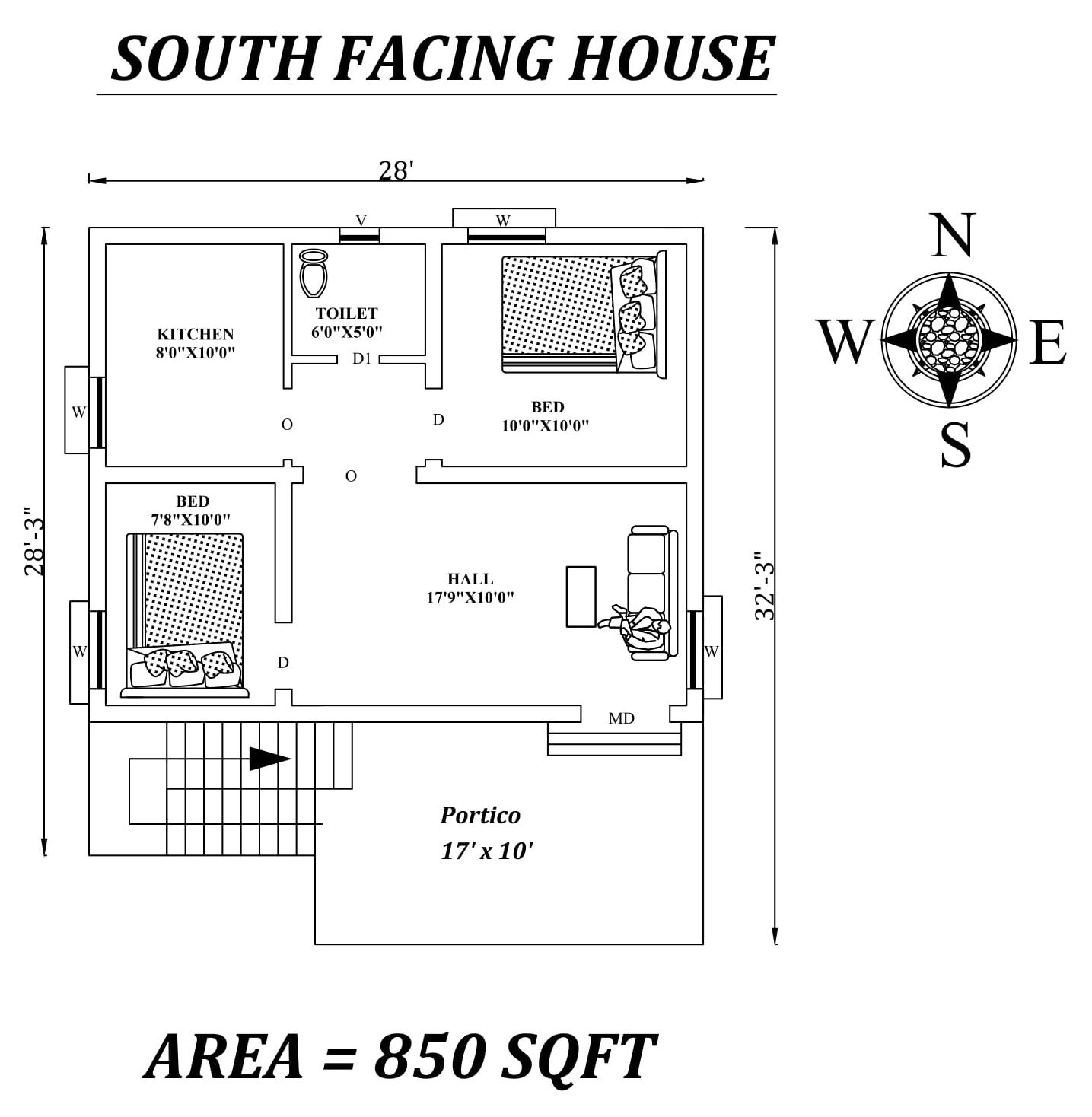 28'X28' 2bhk Furnished Awesome South facing House Plan As Per Vastu Shastra