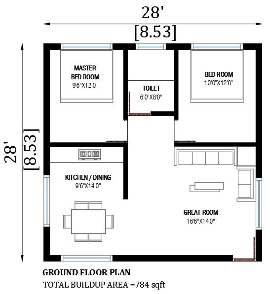 28'X28' single floor sloping roof house design is given in this cad file. Download the free 2D Auto cad drawing file.