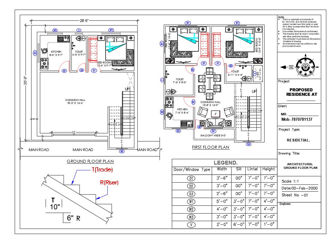 28X30 Feet House Building Plan AutoCAD Drawing