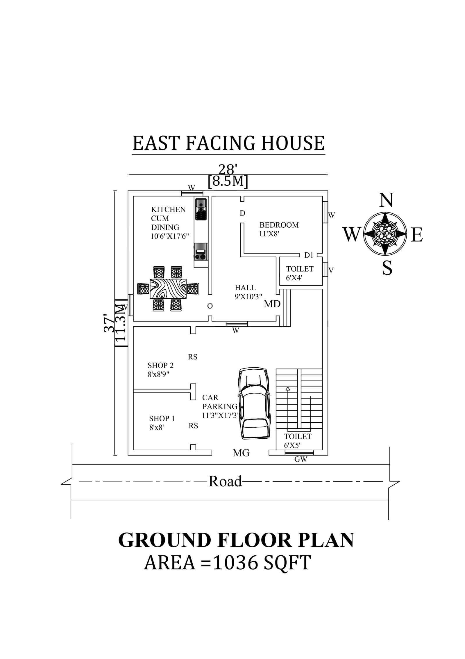28'X37' Single bhk East facing House Plan As Per Vastu Shastra.Autocad DWG and Pdf file details.