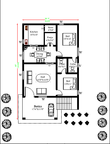 28'X 48' north-facing double bhk single storey house plan is available in this DWG CAD file.Download free Autocad DWG and PDF file.