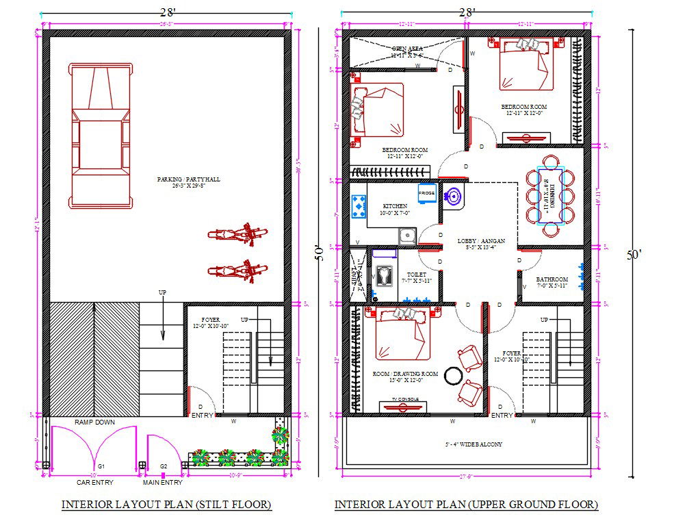 28'X50' House Plan AutoCAD Drawing With 3 BHK Furniture Layout DWG File