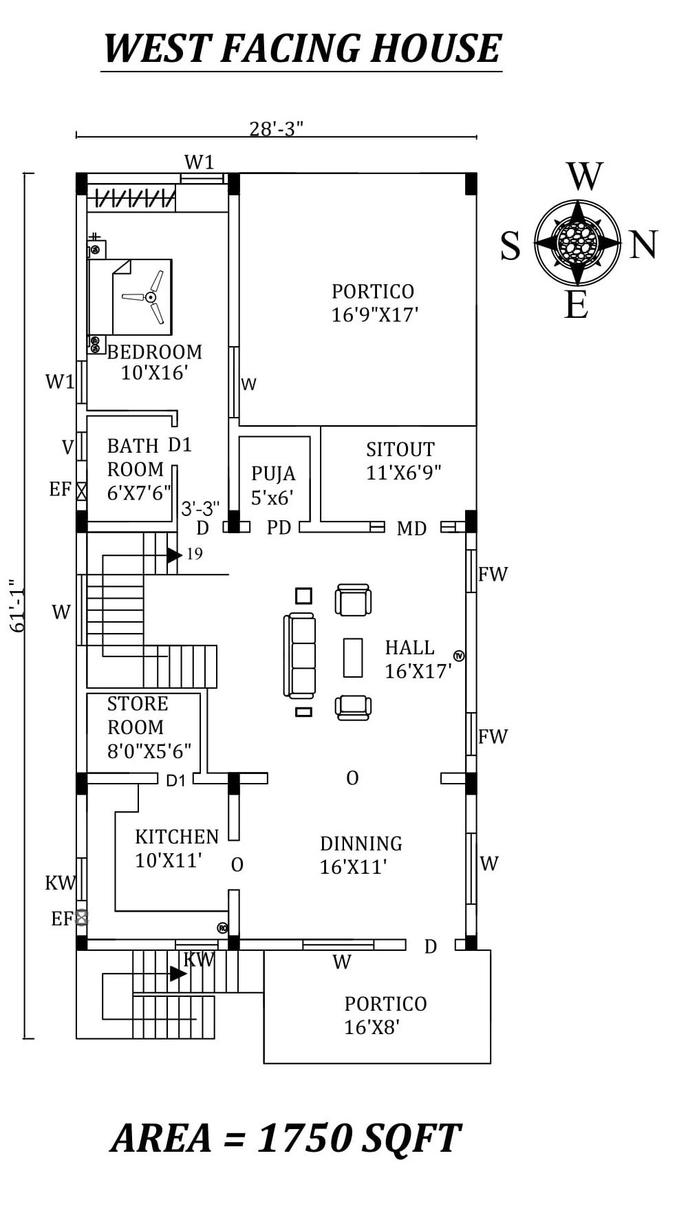 28' X61' Single BHK West facing House Plan Layout As Per Vastu Shastra Autocad DWG and Pdf file details