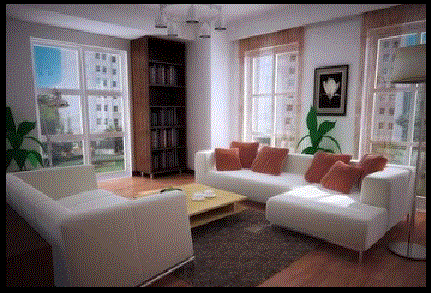 3D Drawing Room CAD Model 14ft x 12ft with Sofa and Window View