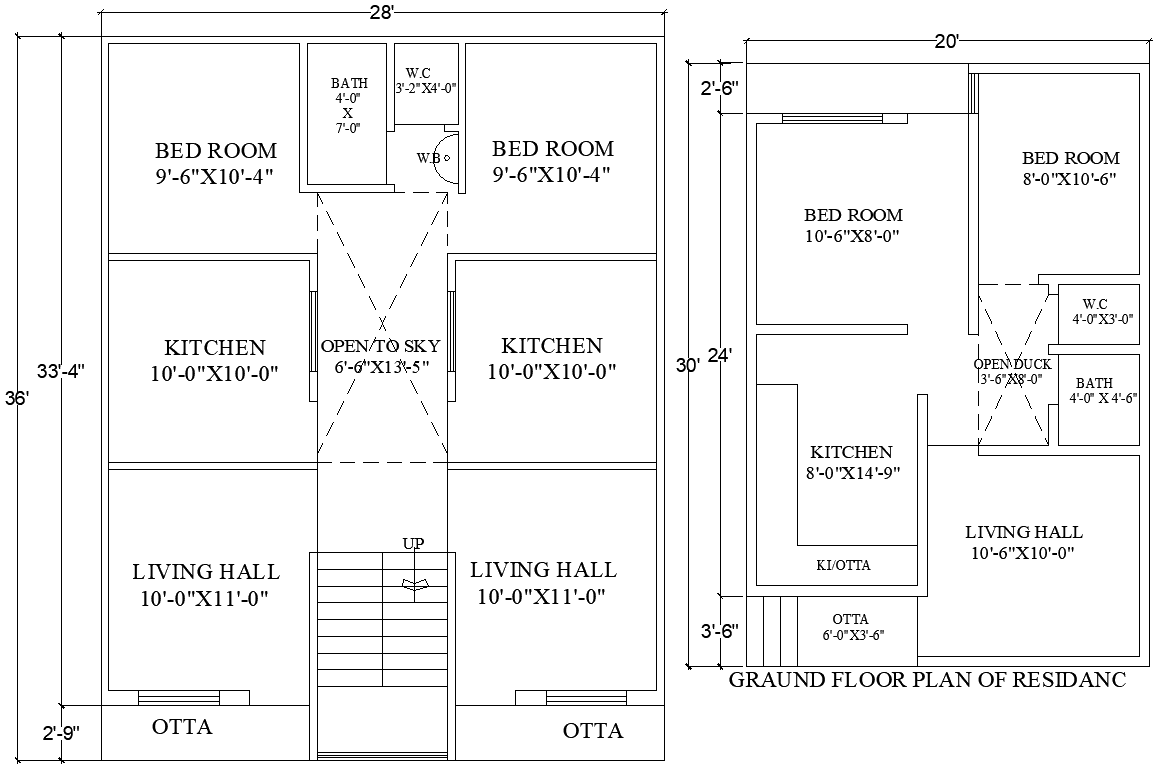 28ftx36ft Residential Ground Floor Layout in CAD Drawing