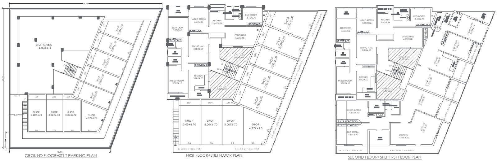 28m x 25.80m 3-floor Building Layout with Shops, Parking, and Apartments Plans – AutoCAD DWG