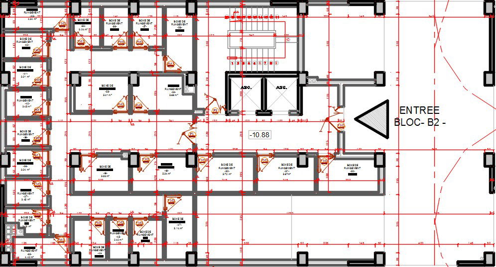 28x14m apartment entrance floor plan with storerooms drawing model