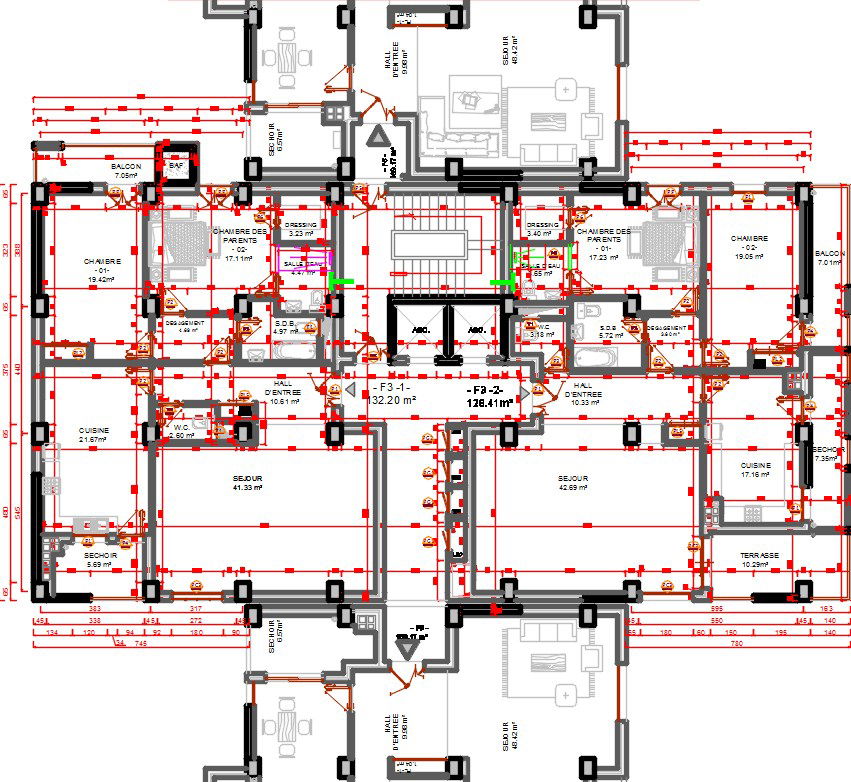 28x14m apartment third floor with a corridor design