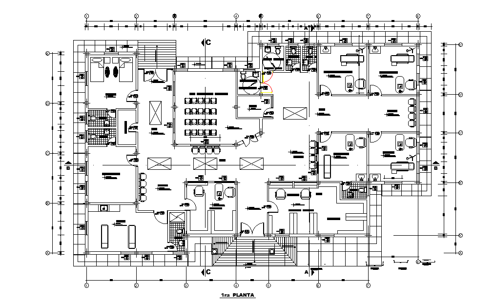 28x17m hospital plan details are given in this Autocad drawing file. Download now.