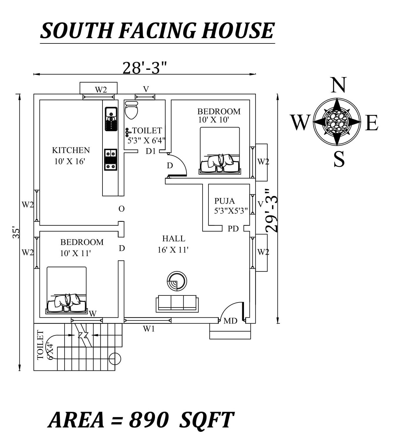 28'x35' 2bhk Awesome South facing House Plan As Per Vastu Shastra,Autocad DWG and Pdf file details.