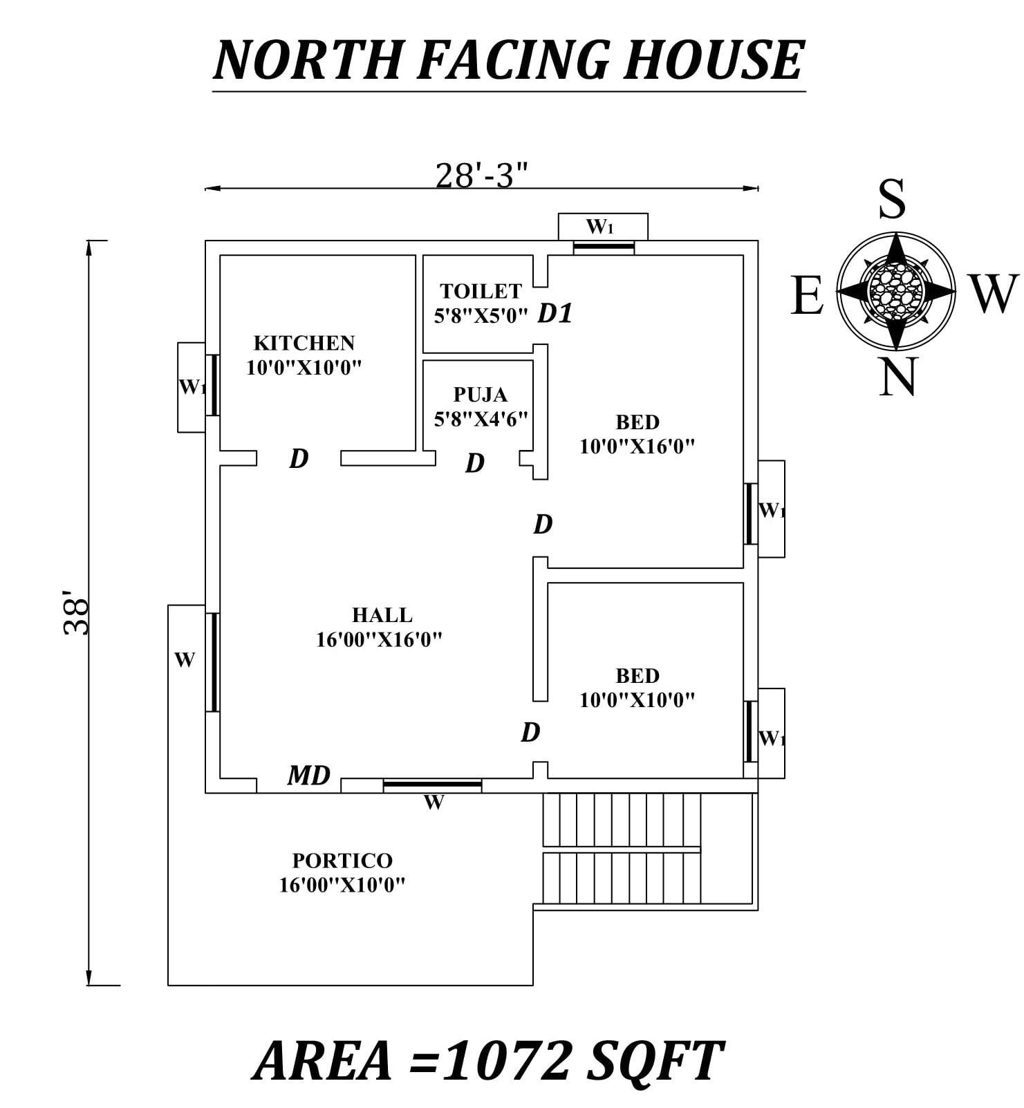 28x38 North Facing 2BHK Home Layout Plan as per Vastu Shastra DWG file
