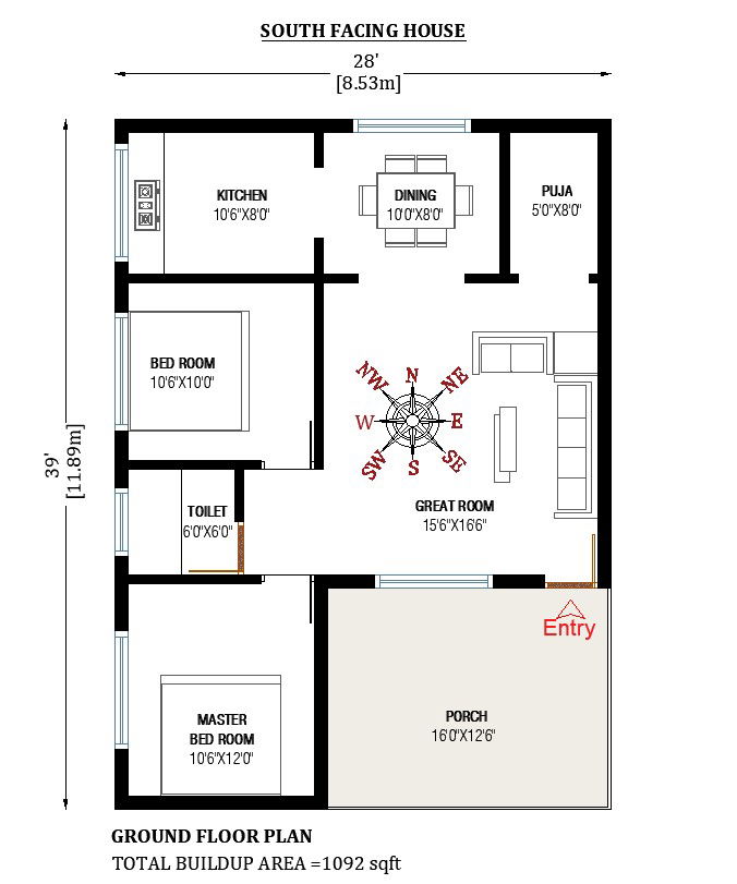 28 x39 south-facing 2bhk house plan cad drawing file free. Download free 2d cad drawing file.