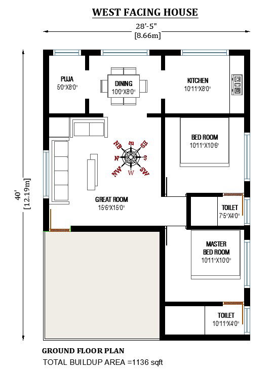 28 x40 West facing 2bhk house plan cad drawing file free. Download free 2d cad drawing file.