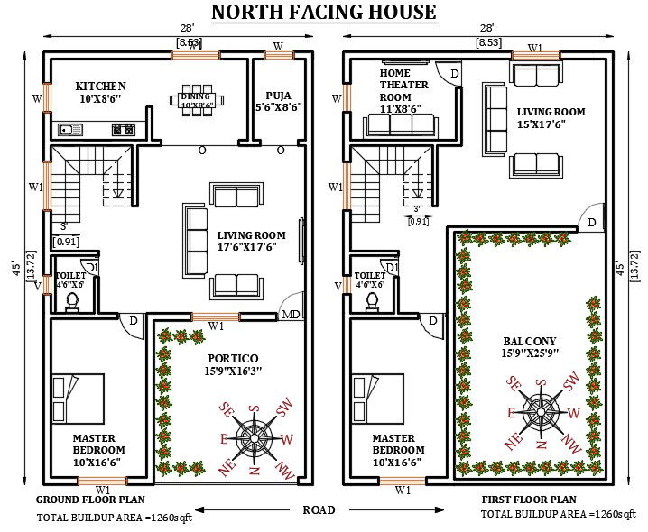 28’x45’ north facing house plan is given as per vastu shastra in this Autocad drawing file. Download the 2D Autocad file.