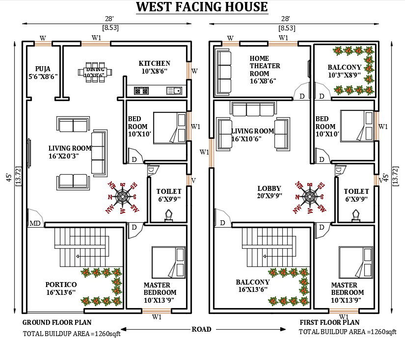 28’x45’ north facing house plan is given in this Autocad drawing file. Download now.
