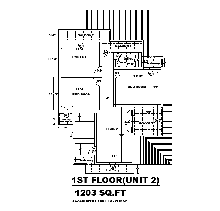 28’x47’ first floor house plan is given in this Autocad drawing file. Download now.