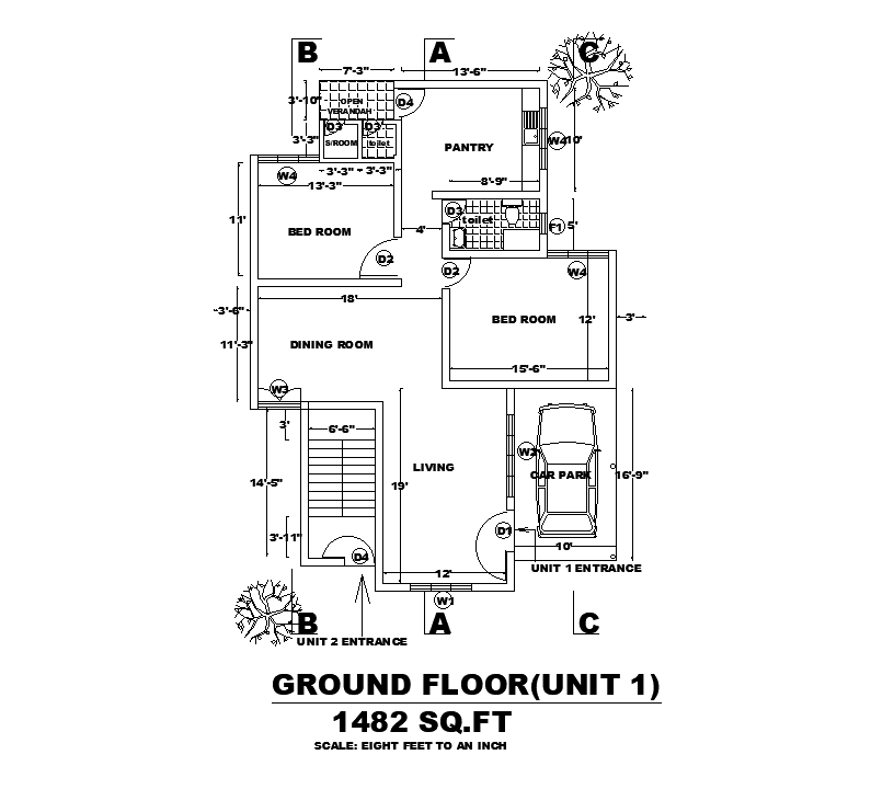 28’x47’ ground floor house plan is given in this Autocad drawing file. Download now.