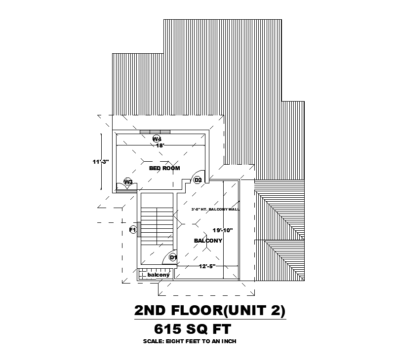 28’x47’second floor house plan is given in this Autocad drawing file. Download now.