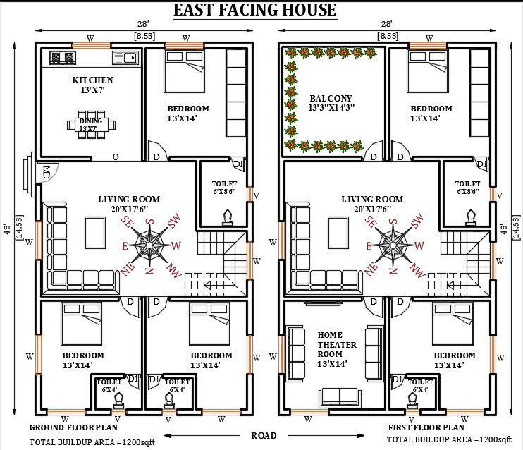 28’x48’ east facing house plan is given in this Autocad drawing file. Download now.