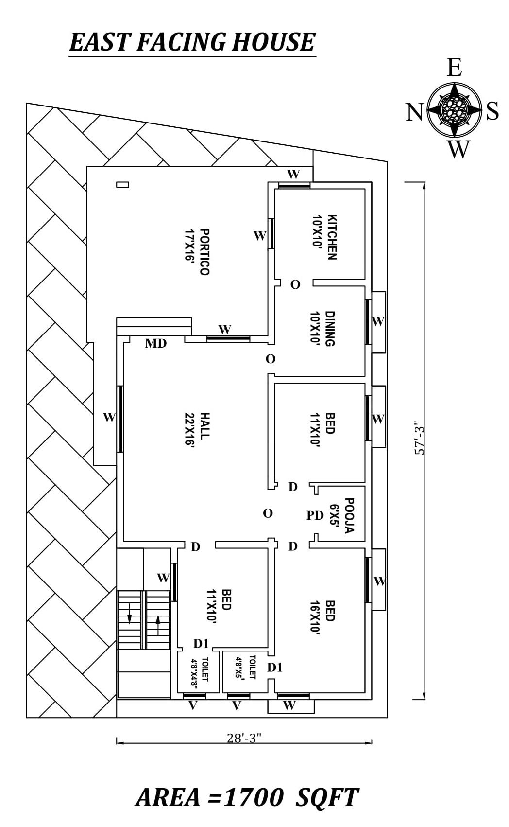 28'x57' Wonderful East Facing 3BHk House Plan As Per Vasthu Shastra, Cad and Pdf File Details
