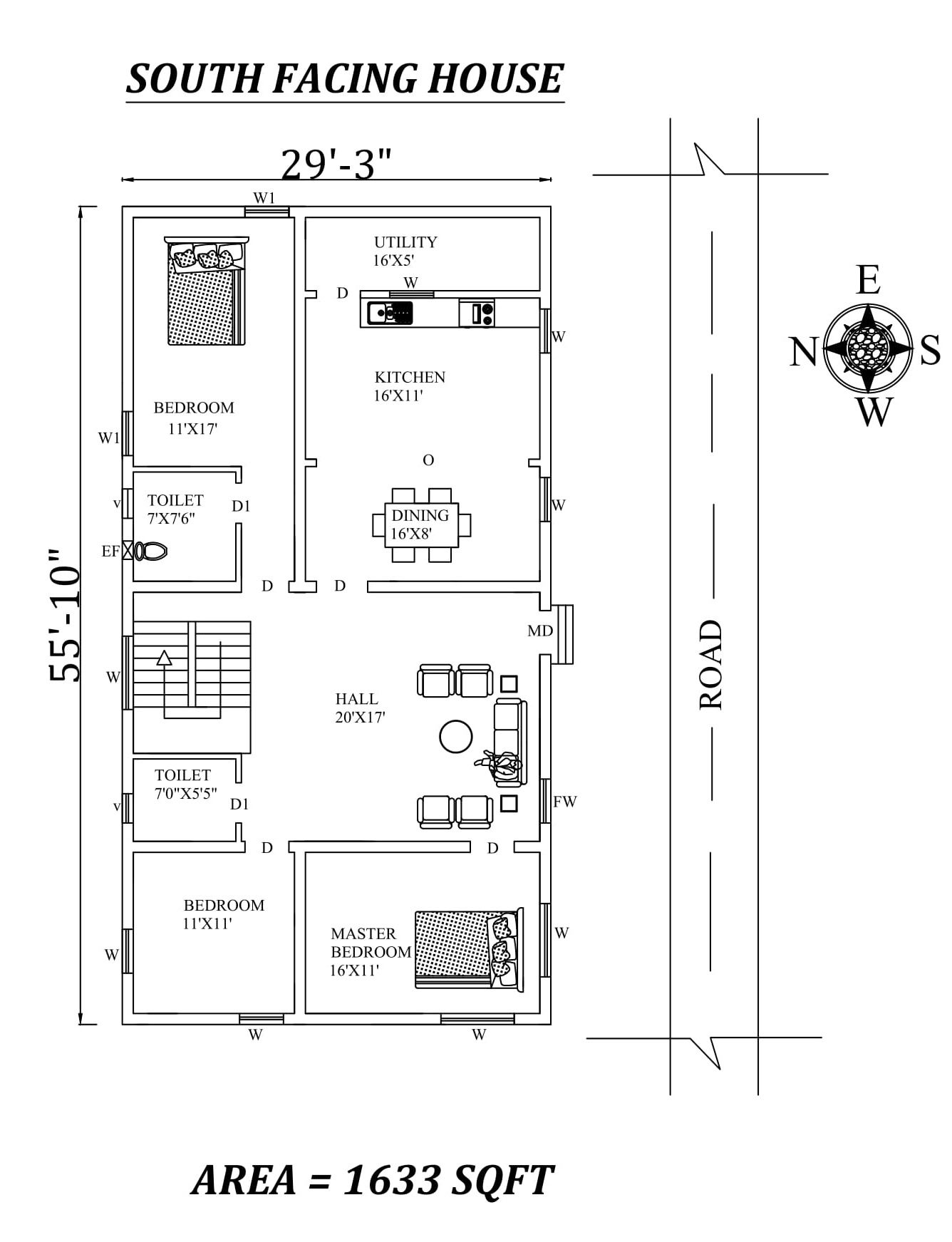 29'3"X55'10" 3bhk South facing House Plan As Per Vastu ShastraAutocad DWG and Pdf file details..