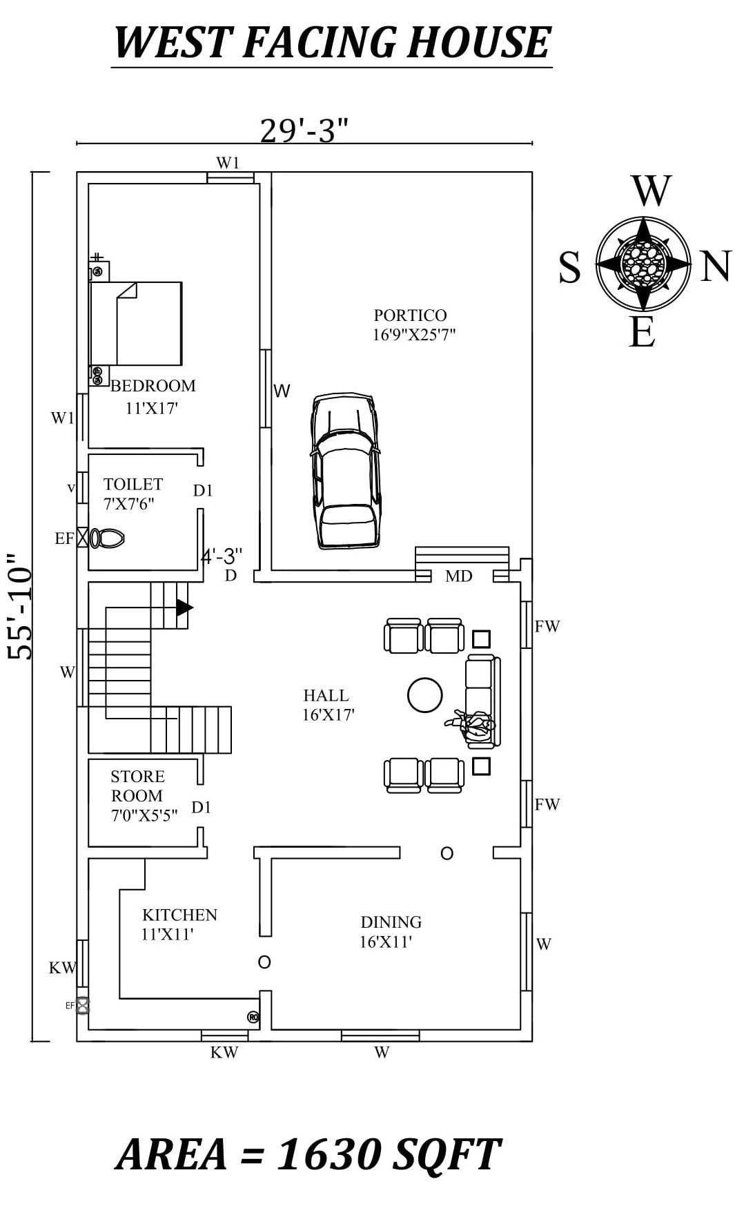 29'3"X55'10" Single bhk West facing House Plan As Per Vastu Shastra. Autocad DWG and Pdf file details.
