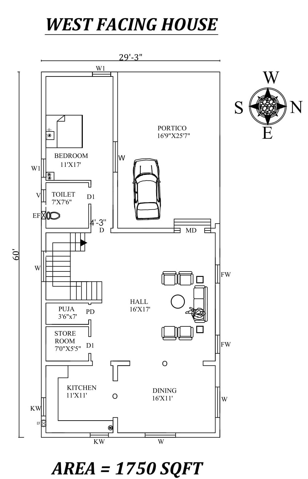 29'3"X60' Single bhk West facing House Plan As Per Vastu Shastra.Autocad DWG and Pdf file details.