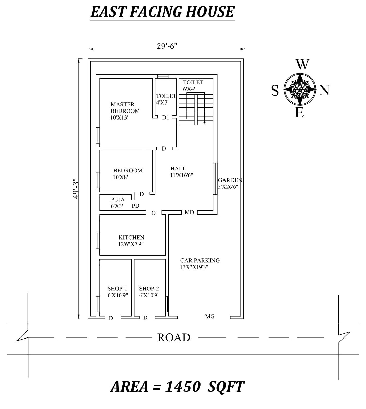 29'6" X49'3" Superb 2bhk East facing House Plan Layout As Per Vastu Shastra with 2 shops outside. Autocad DWG and Pdf file details.