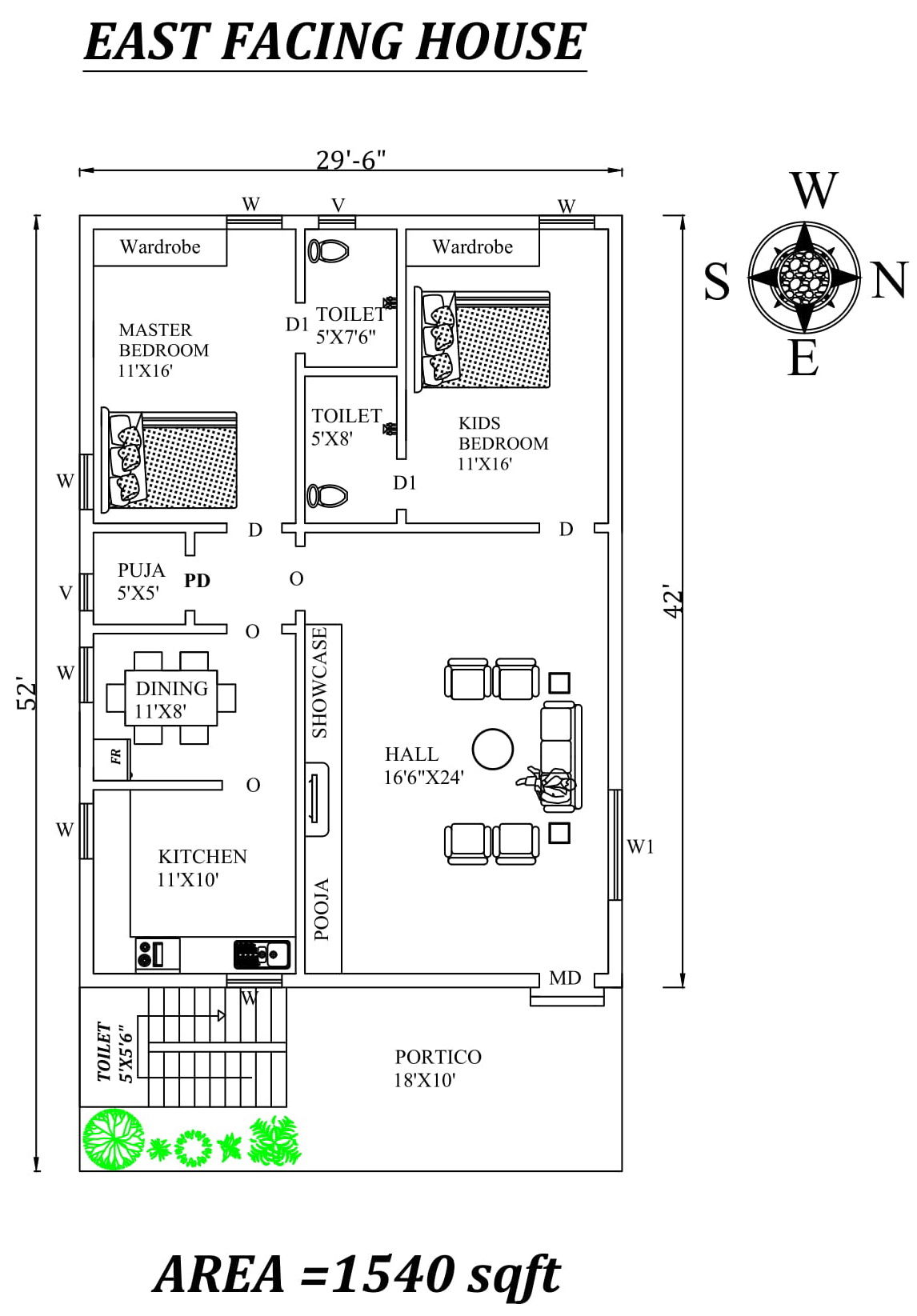29'6"X52' The Perfect 2bhk East facing House Plan As Per Vastu Shastra.Autocad DWG and Pdf file details.